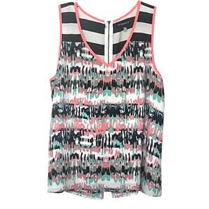 MY MICHELLE SLEEVELESS V-NECK, PULL-OVER, BLOUSE, WOMEN-XL-PINK BLUE BLACK ABSTR